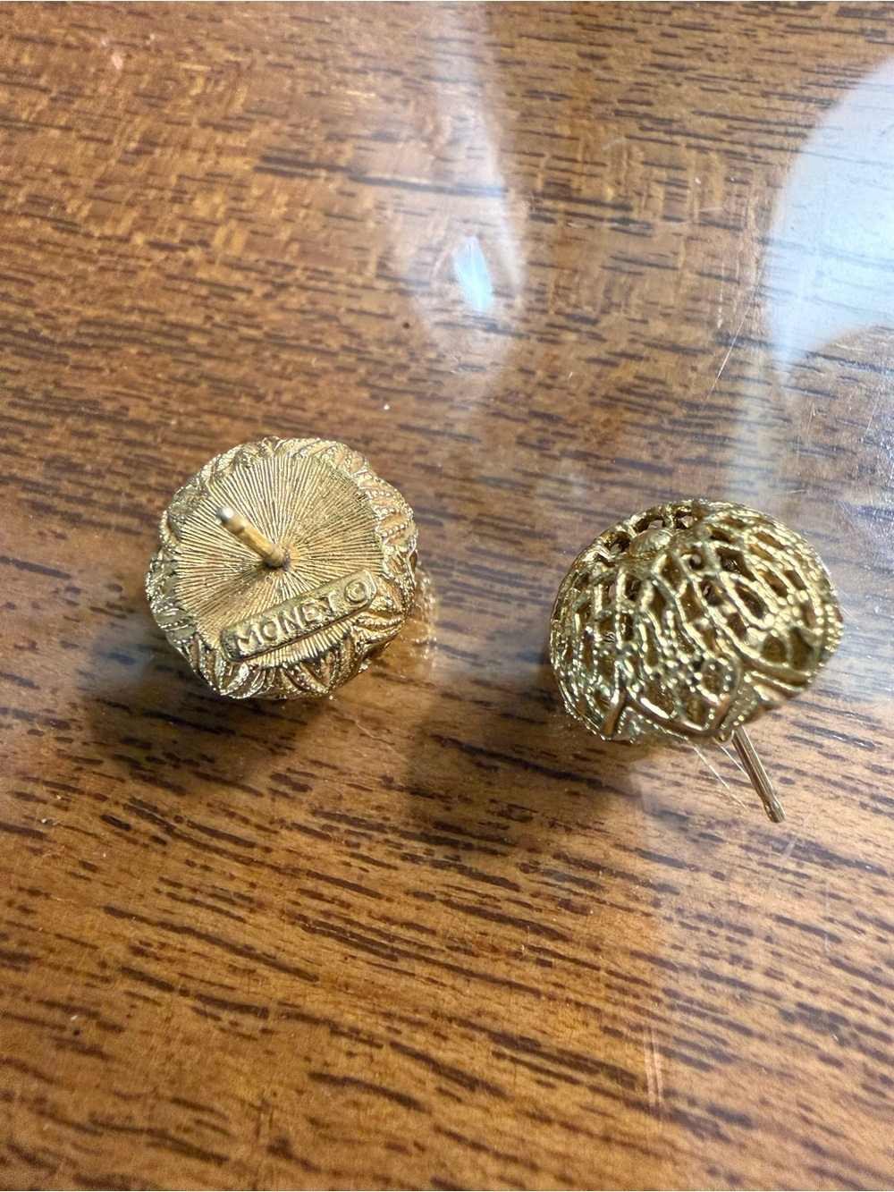 Vintage Monet Gold Tone Filigree Dome Stud Earrings - Picture 4 of 6